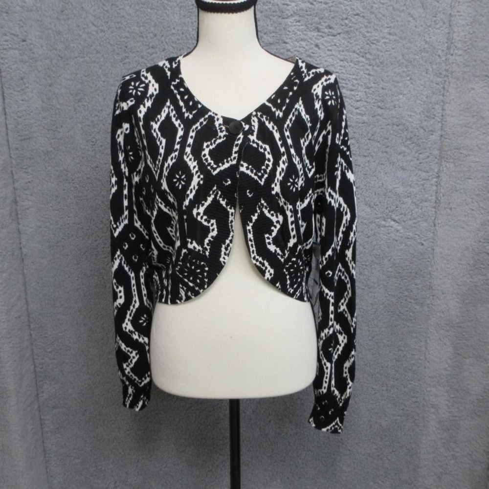 Nine West Boho Chic Cropped Cardigan Sweater Shrug Women XL Black Ivory Open
